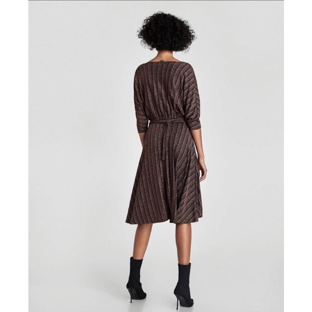 Zara Bronze Metallic Striped Kimono Wrap Dress V-Neck High-Low Small S - Picture 4 of 9